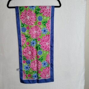 Lilly Pulitzer 100% Silk Ford Floral Mum Scarf Blue Pink 12X52in